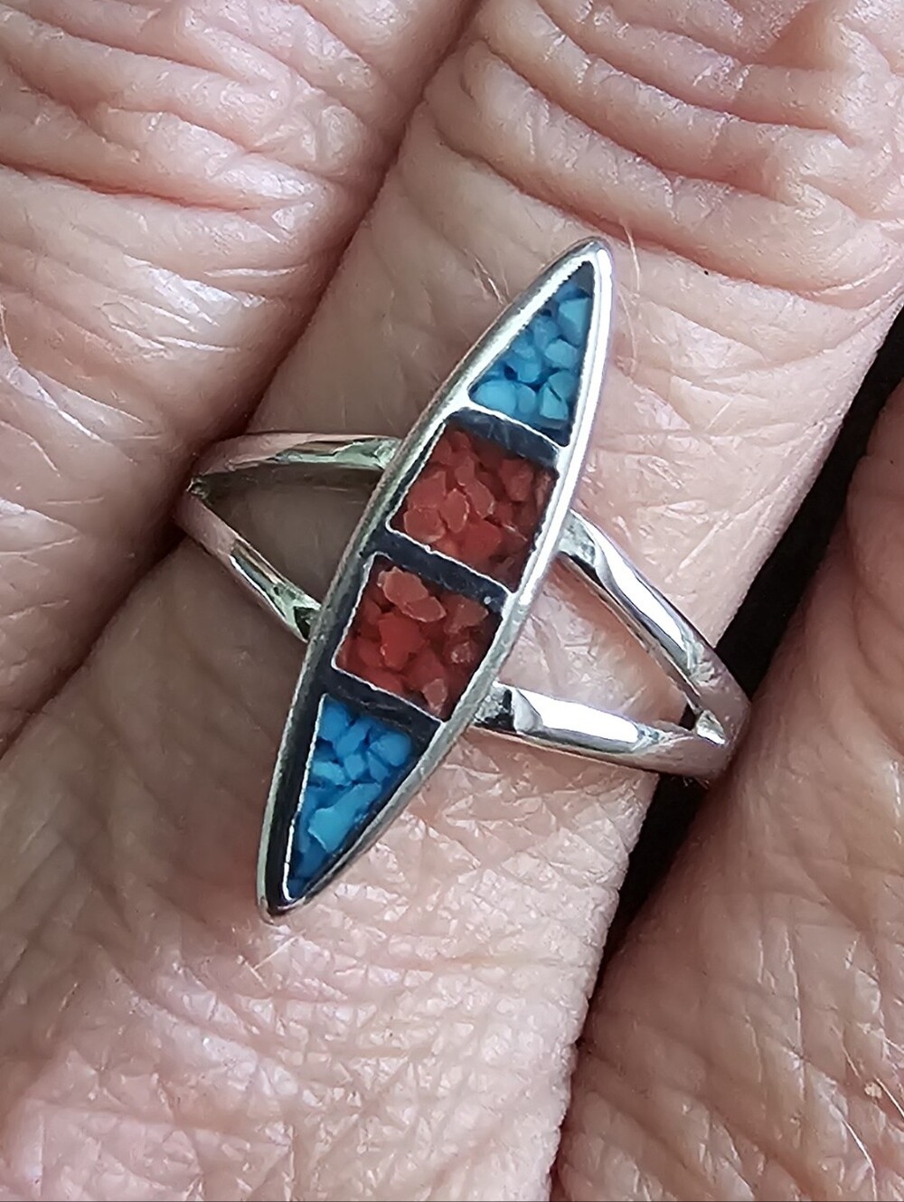 Vintage Sterling Silver Turquoise & Coral Inlay Marquise Ring